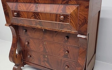 Circa 1840's American Empire Crotch Mahogany Hand made Tall Chest signed signed (C.B. Yeoman, Red