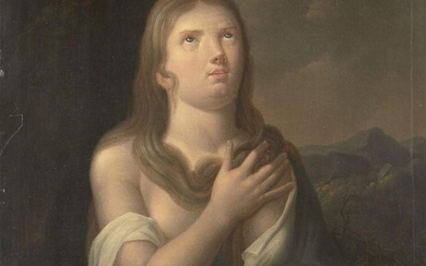 Circle of Philip van Dyck, Dutch 1680-1753- The Penitent Magdalene, after Titian; oil on panel, 42.8 x 35.6 cm. Note: Mary Magdalene was an example of the repentant sinner and consequently was frequently adopted as a symbol of the Sacrament of...