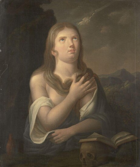 Circle of Philip van Dyck, Dutch 1680-1753- The Penitent Magdalene, after Titian; oil on panel, 42.8 x 35.6 cm. Note: Mary Magdalene was an example of the repentant sinner and consequently was frequently adopted as a symbol of the Sacrament of...