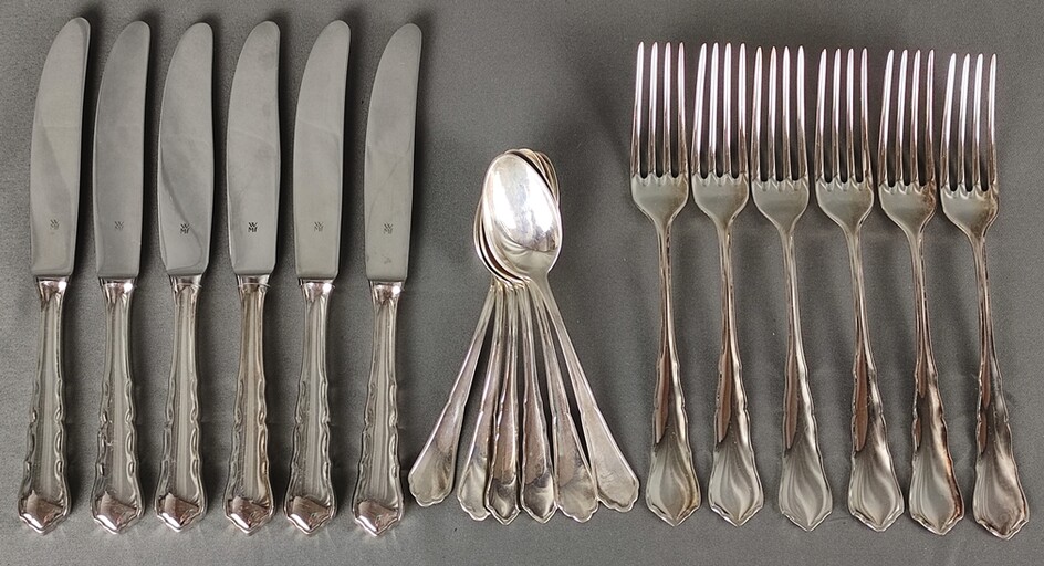 Cutlery set for 6 persons, "Chippendale" endings, consisting of 6 dinner forks, 6 dinner knives and