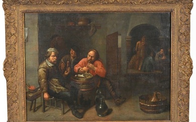 D. Ryckaert. 17th century old master painting. Interior tavern scene with figures. Signed D.