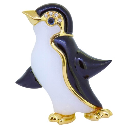 DIAMOND ONYX AND SAPPHIRE PENGUIN BROOCH, in 18 ct gold. The...