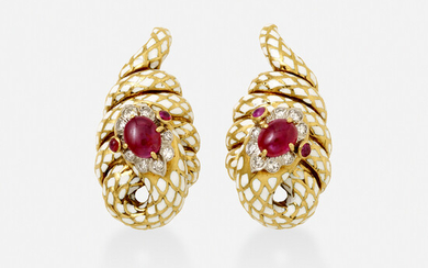 David Webb, 'Coiled Snake' diamond, ruby, and enamel earrings