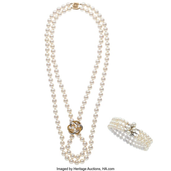 Diamond, Cultured Pearl, Gold Jewelry Suite Stones: Single-cut diamonds...