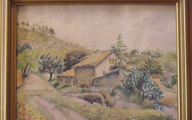 E. Coll Bonet. Watercolor on paper. "Landscape with farmhouse". Catalan school. Principles s. xx. Hand signed.