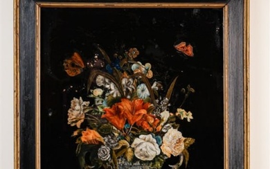 EARLY REVERSE GLASS PAINTED STILL LIFE w FLOWERS