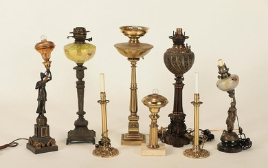 EIGHT ANTIQUE TABLE LAMPS BRONZE BRASS METAL