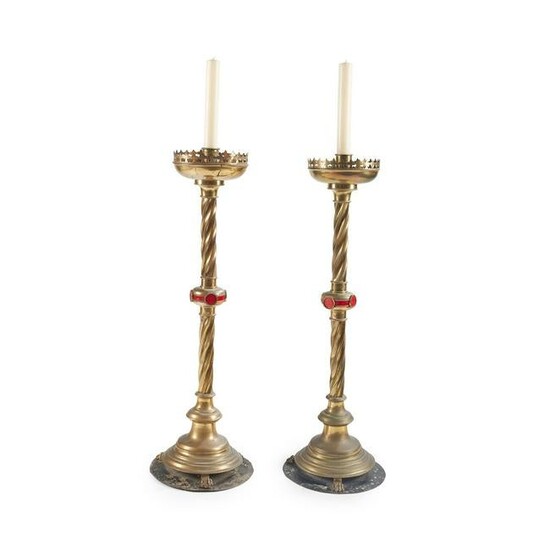 ENGLISH PAIR OF GOTHIC REVIVAL ALTAR CANDLESTICKS