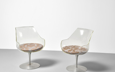 ERWINE (1909-2003) AND ESTELLE (1915-1997) LAVERNE Pair of Champagne Chairscirca 1966for Laverne Originals, aluminum, plexiglass, with Jack Lenor Larsen upholstered cushionsheight 31 1/2in (80cm); depth 22 3/4in (57.8cm)