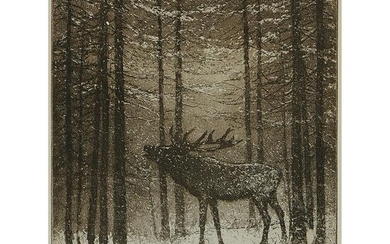 E.T. Hurley, A Bull Elk in a Snowy Landscape