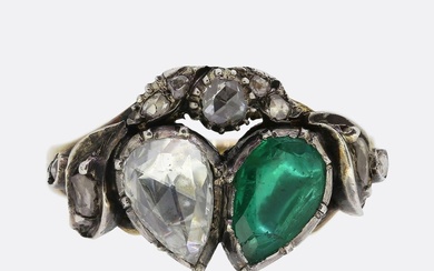 Early Victorian Double Pear Shaped Emerald and Diamond Ring