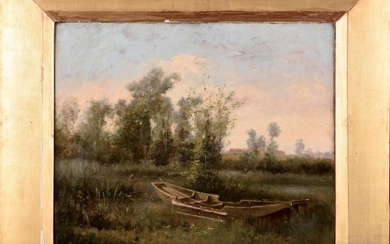 Edmond POINTIN (1836-1903) Paysage à la barque Huile...