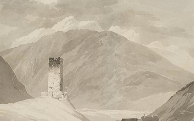 Edmond de Bretenières (1804-1882), View from a bridge onto a valley at the Saane river in Switzerland, 1825, Brush Drawing