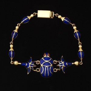 Egyptian Revival Gold, Lapis Lazuli and Carnelian Scarab and Lotus Bracelet