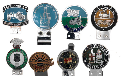 Eight railway, locomotive and live steam related car badges