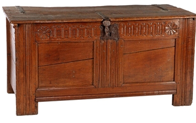 (-), Oak blanket chest with stitching in front...