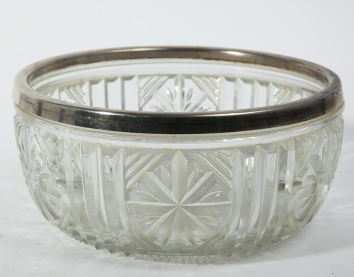 English Cut Glass Bowl With Silver-Plate Rim
