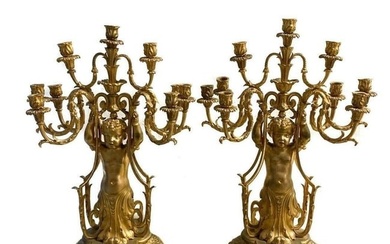 Exquisite Pair of French Gilt Bronze 9 Arm Figural Candelabras, Napoleon III