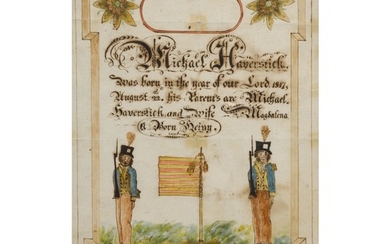 FINE FRAKTUR BIRTH RECORD FOR MICHAEL HAVERSTICK, PROBABLY LANCASTER OR DAUPHIN COUNTY, PENNSYLVANIA, CIRCA 1817
