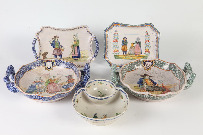 FIVE PIECES LATE 19TH-EARLY 20TH CENTURY HENRI QUIMPER FIGURAL DECORATED...