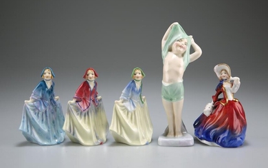 FIVE SMALL ROYAL DOULTON FIGURES, comprising three