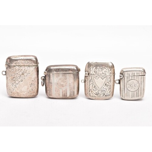 FOUR EARLY 20TH CENTURY SILVER VESTAS, two engraved with a f...