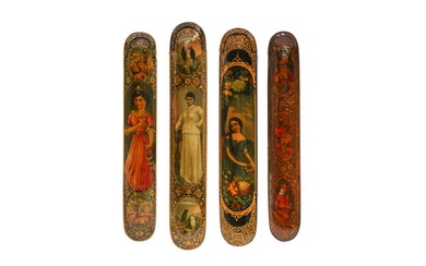 FOUR LACQUERED PAPIER-MÂCHÉ PEN CASES (QALAMDAN) WITH EUROPEAN FEMALE PORTRAITS Late Qajar Iran, late 19th - early 20th century