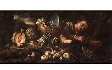 Felice Boselli, 1650 Piacenza – 1732 Parma, zug., STILLLEBEN MIT KÜRBISSEN, GEMÜSE UND EINEM MÄDCHEN, DAS MIT EINER SCHILDKRÖTE SPIELT
