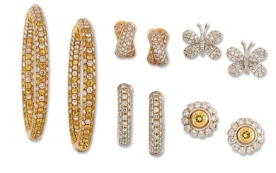 Five pairs of diamond earrings; comprising a pair 18ct gold pave diamond and yellow sapphire hoop earrings, by Robinson Pelham, signed RP, London hallmarks, outer diameter 4cm, Robinson Pelham case; a pair of Italian, pave diamond hoop earrings...