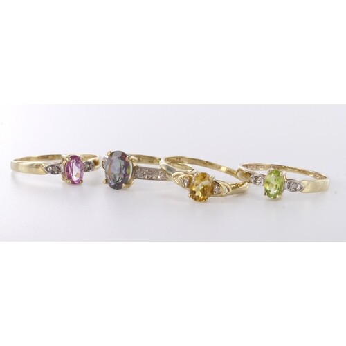 Four 9ct yellow gold gemstone and diamond set rings, weight ...