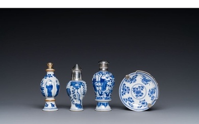 Four Chinese blue and white silver mounted porcelain, Kangxi...