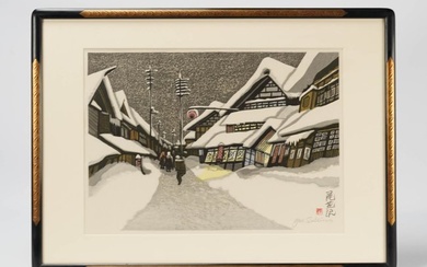 Framed 1978 Japanese Woodblock Print by Junichiro Sekino titled Obanazawa (Sunset on Snow)