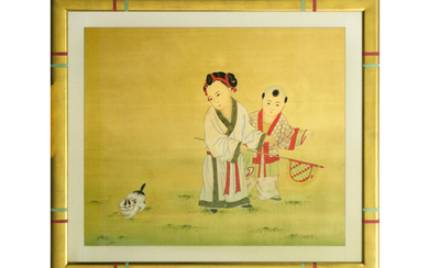Framed Chinese painting : "Two children with a cat" - 75 x 90,5 prov : collection "Jeannette Jongen" (Schleiper) ||framed Chinese "two children with a cat" painting former collection of Jeanette Jongen (Schleiper)
