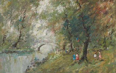 Franz A. Martinek (Austrian, circa 1922-circa 2007) Park Scene with Bridge and Strolling Figures signed 'Martinek' (lower right), identified on a typed label (affixed to the frame backing board) 24 x 36 in.