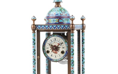 French champleve enamel and brass four glass mantle clock st...