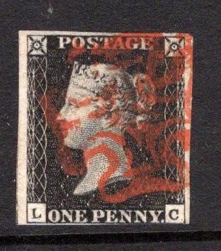 GB 1840 1d Penny Black (L-C) identified as likely Plate 4, 4...
