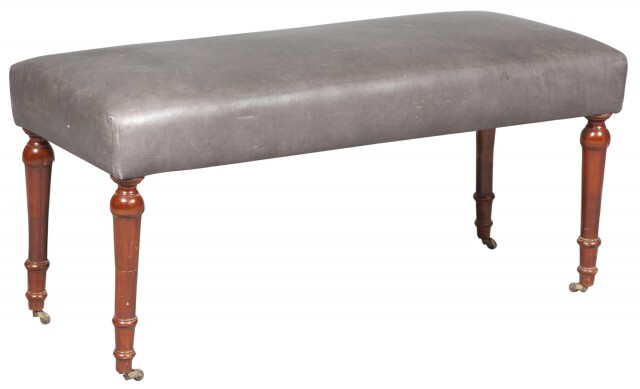 George III Style Gray Leather-Upholstered Mahogany Bench
