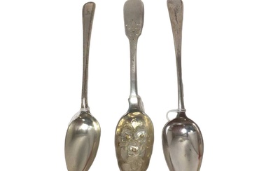George III silver Old English Bead pattern dessert spoon, and other items