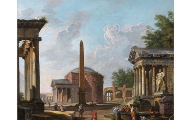Giovanni Paolo Panini, 1691 Piacenza – 1765 Rom, CAPRICCIO MIT DEM PANTHEON, DER BASILIKA MAXENTIUS UND DEM TEMPEL DER FORTUNA VIRILIS