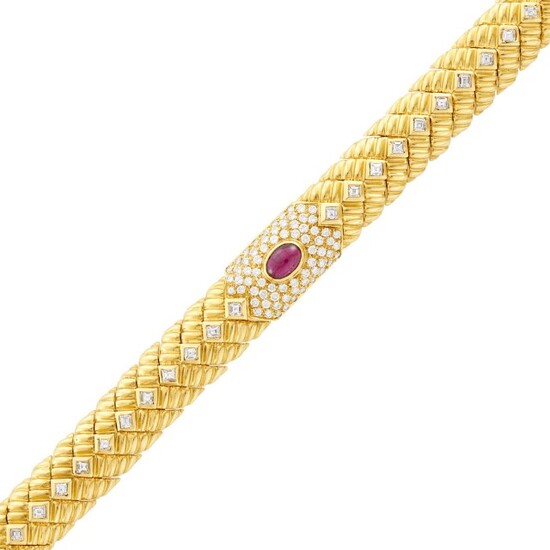 Gold, Cabochon Ruby and Diamond Bracelet