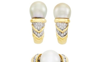 Gold, South Sea Cultured Pearl and Diamond Ring and Pair of Earrings