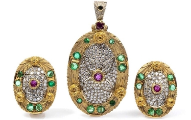 Gold, diamonds, emeralds and rubies earrings and pendant - 1970s 18k yellow and white gold,...