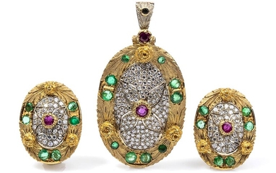 Gold, diamonds, emeralds and rubies earrings and pendant - 1970s...