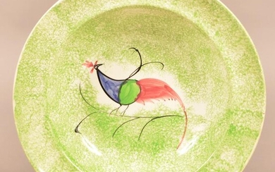 Green Spatterware China Peafowl Pattern Soup Plate.