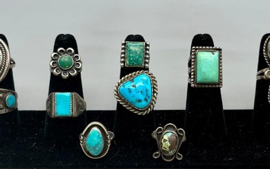 Group Of Ten Vintage Turquoise And Sterling Silver Rings