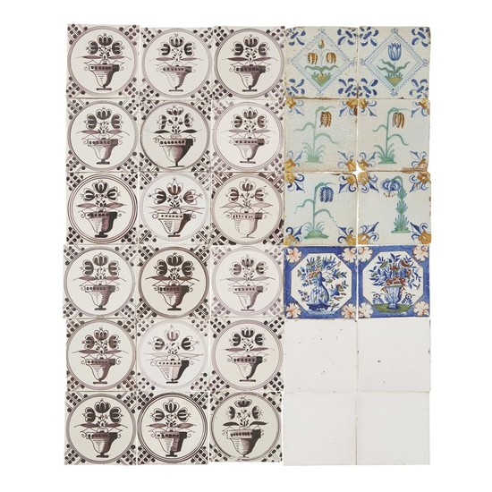 Group of twenty-two Dutch Delft manganese and polychrome tiles...