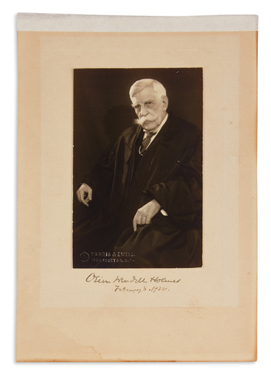 HOLMES, OLIVER WENDELL; JR. Photograph dated and Signed, half-length portrait by Harris &...