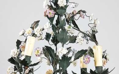 Hanging lamp in painted iron and porcelain flowers