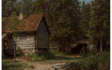 Hans Fredrik Gude (1825-1903), Woodland cottage (1884)