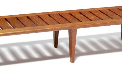 Hans J. Wegner: “JH 574”. A solid teak bench with pierced seat, mounted on six tapering legs. Made by Johannes Hansen. L. 160 cm.